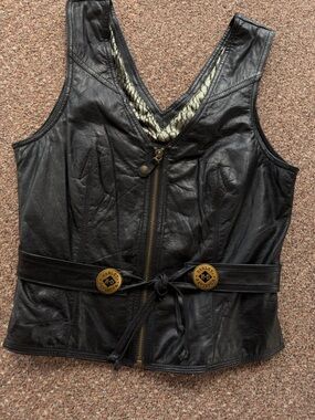 Harley-Davidson Black Leather Vest with Orange & Yellow Logo Patch